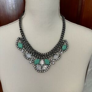 Premier Designs Green and Black Necklace with Intricate Silver Filigree